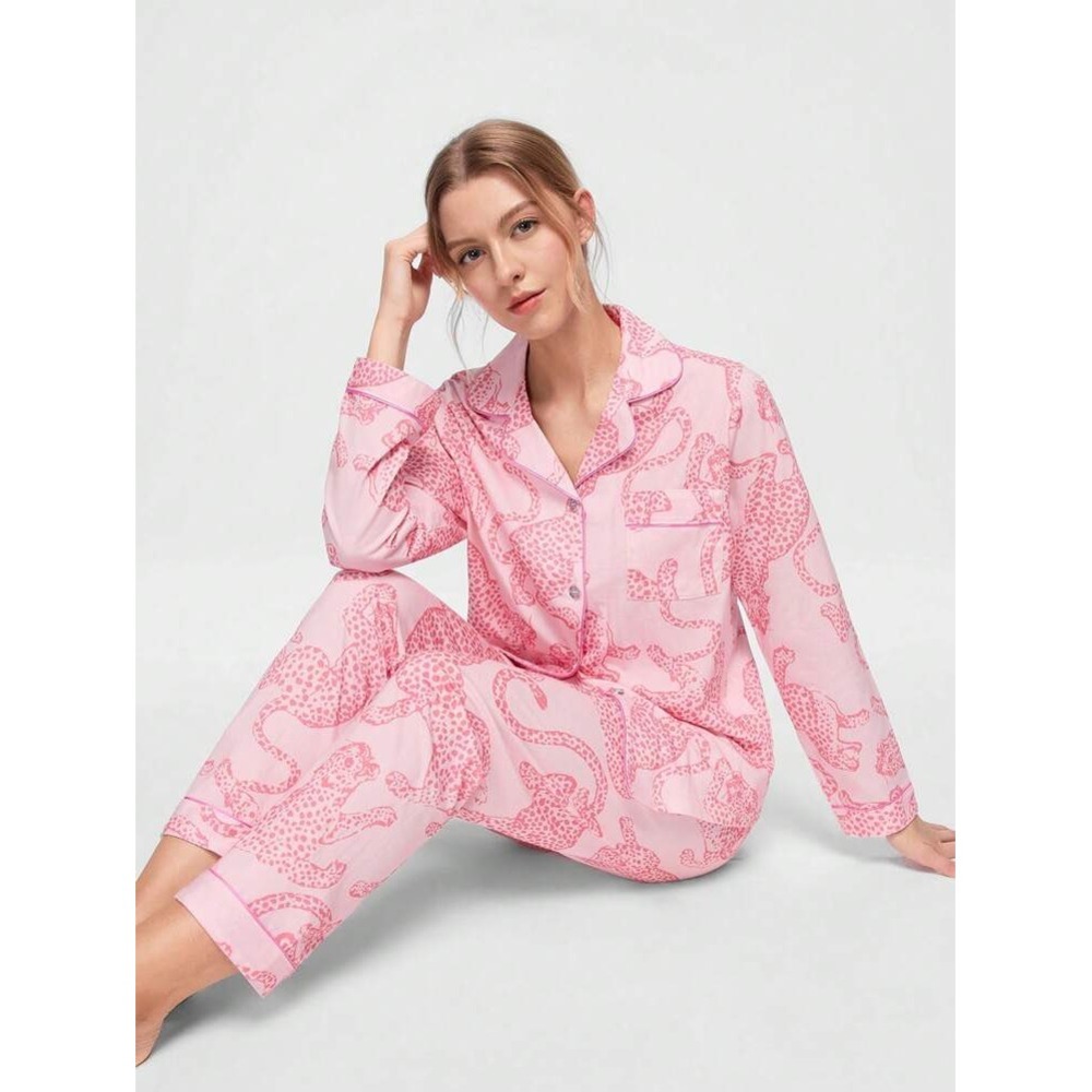 Their Nibs Pink Leopard Moon‎ Satin Pajama Set Long Sleeve Button Down Small